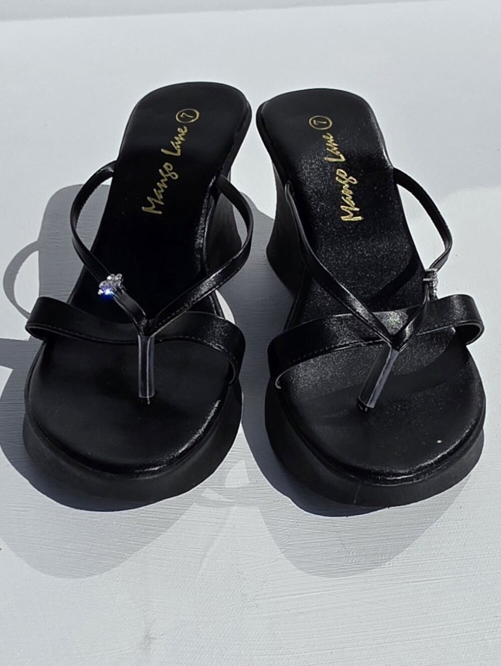 Mango Lane Size 7 Black Thong Wedge Sandals